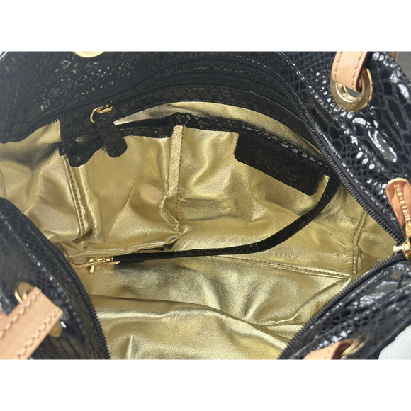 EUC Michael Kors Shiny Black Leather Snakeskin Shoulder Bag Gold Lining - Picture 14 of 16